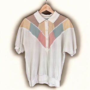 Vintage Colorblock Blouse with Lace Trim